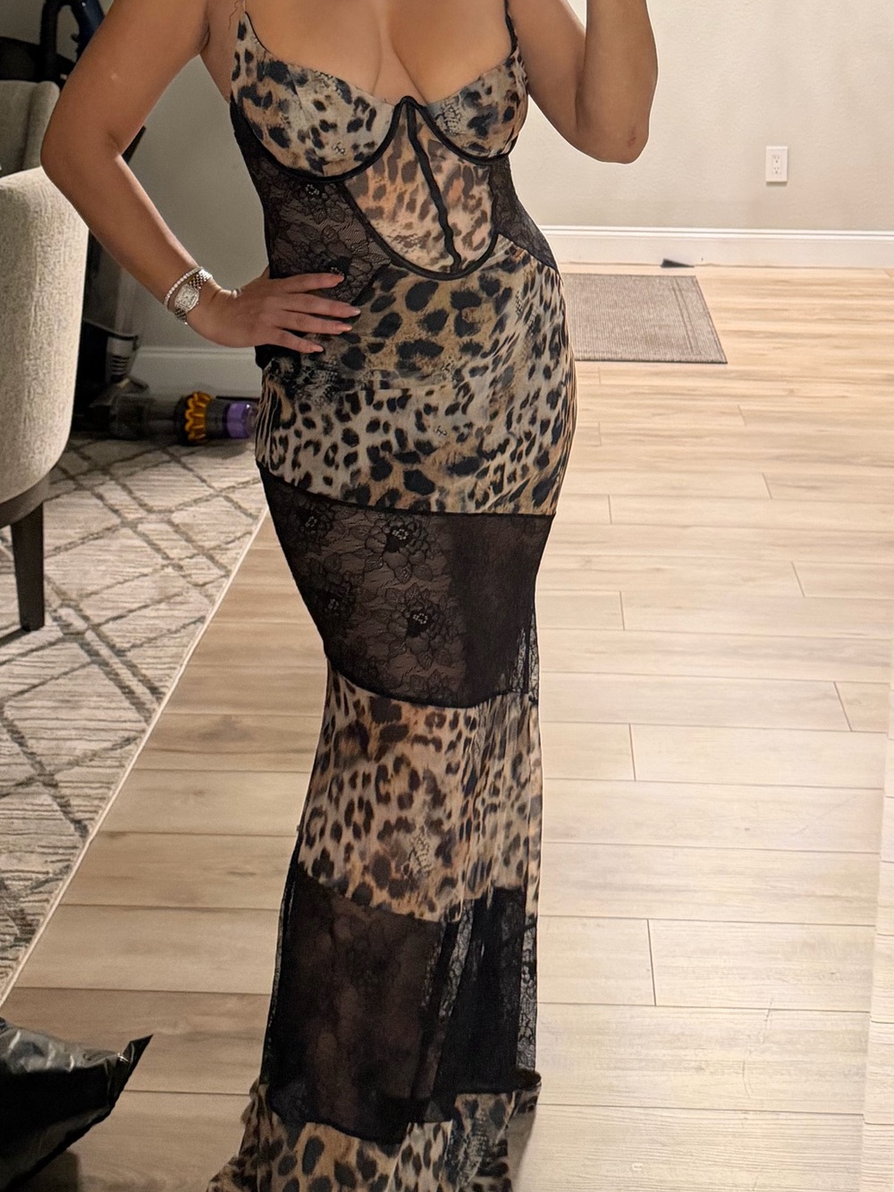Leopard Print Lace-Panel Maxi Dress - Women's Brown Animal Print